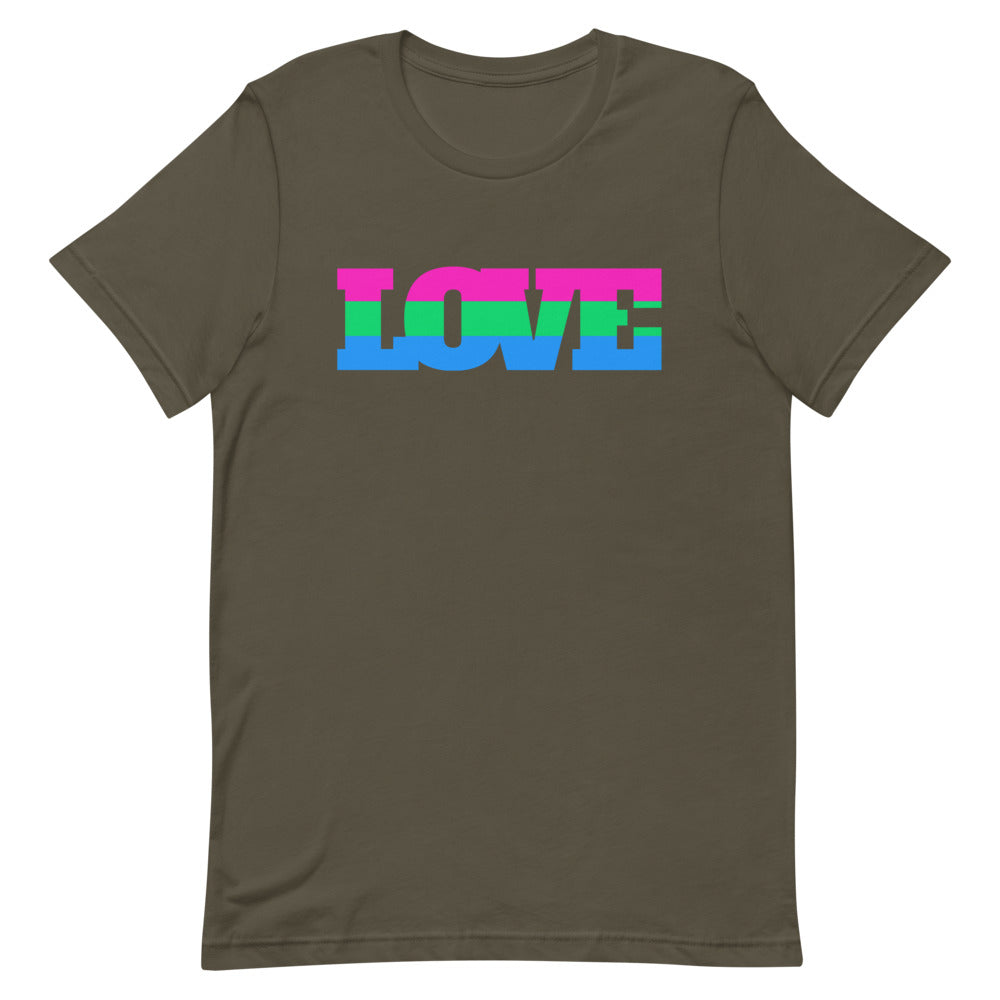 Front view of an olive-brown T-shirt with LOVE in pink, green, and blue stripes
