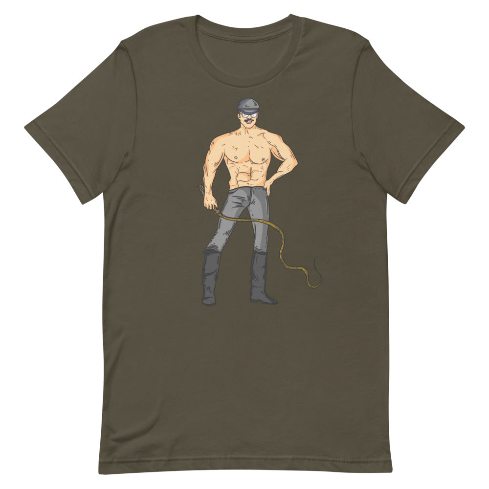 Front view of an olive T-shirt with a shirtless mustached man in a cap holding a whip