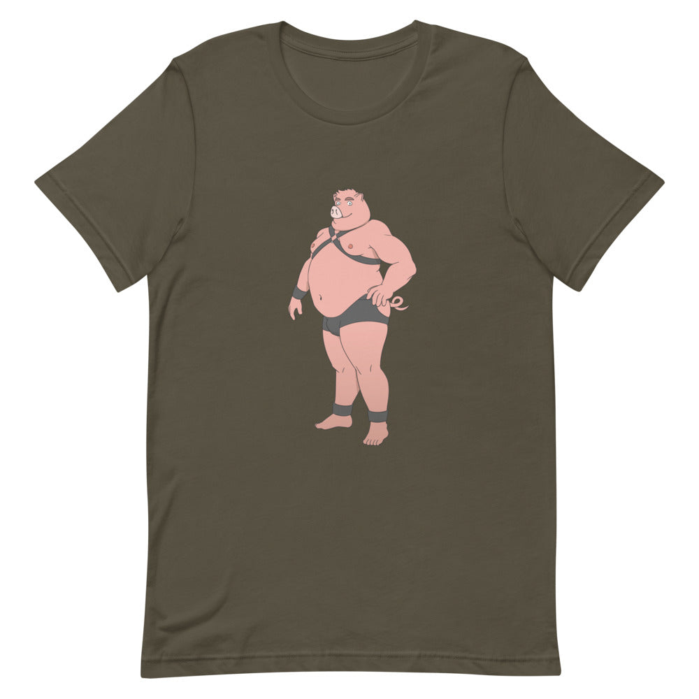 Front view of an olive T-shirt with a pink pig in black harness gear and briefs