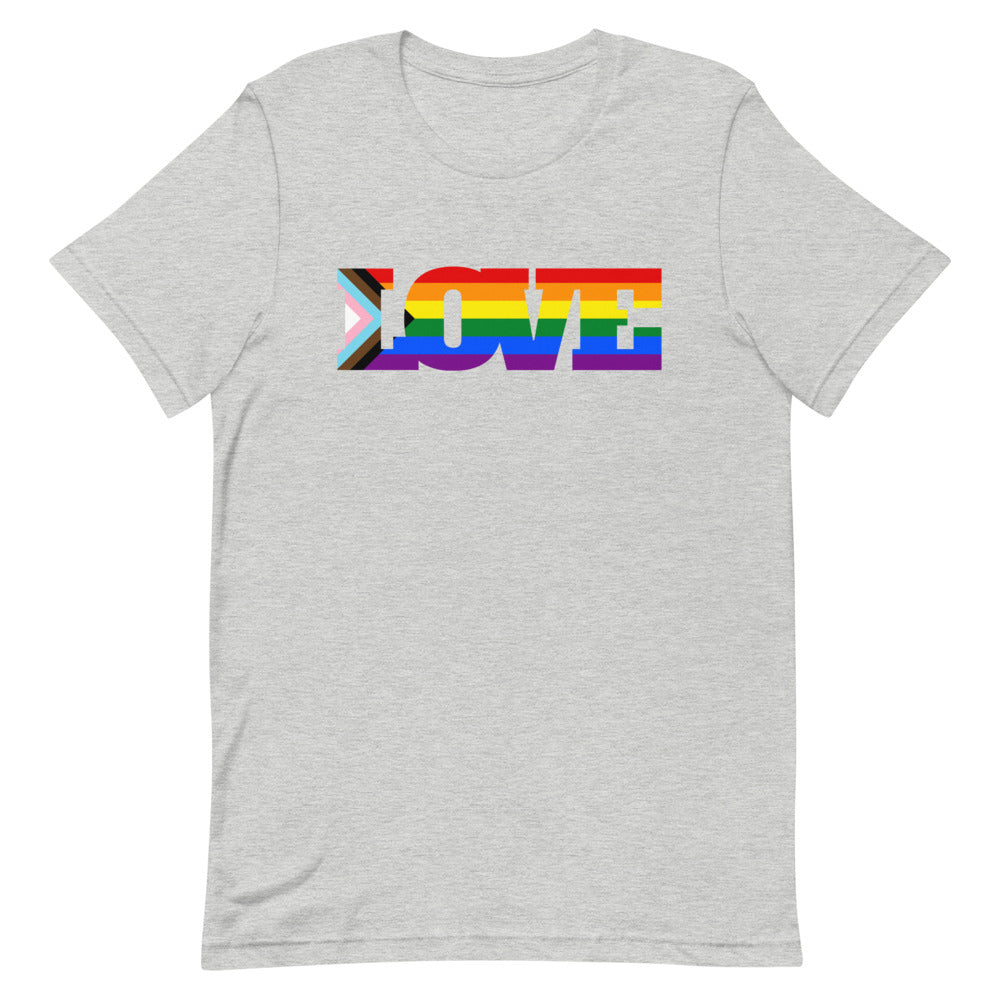 Front view of a heather-gray T-shirt with rainbow-striped “LOVE” lettering and a Progress Pride flag heart