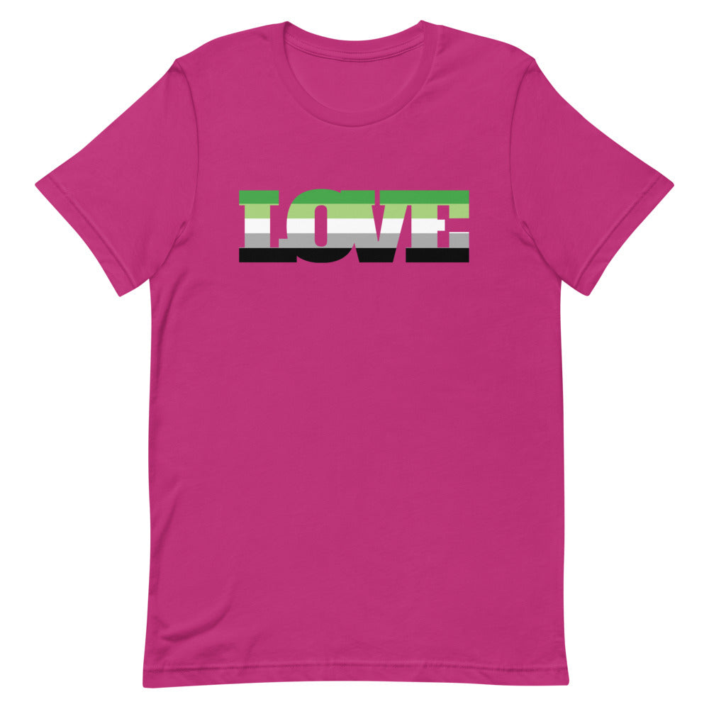 Front view of a berry pink T-shirt with “LOVE” in aromantic flag colors