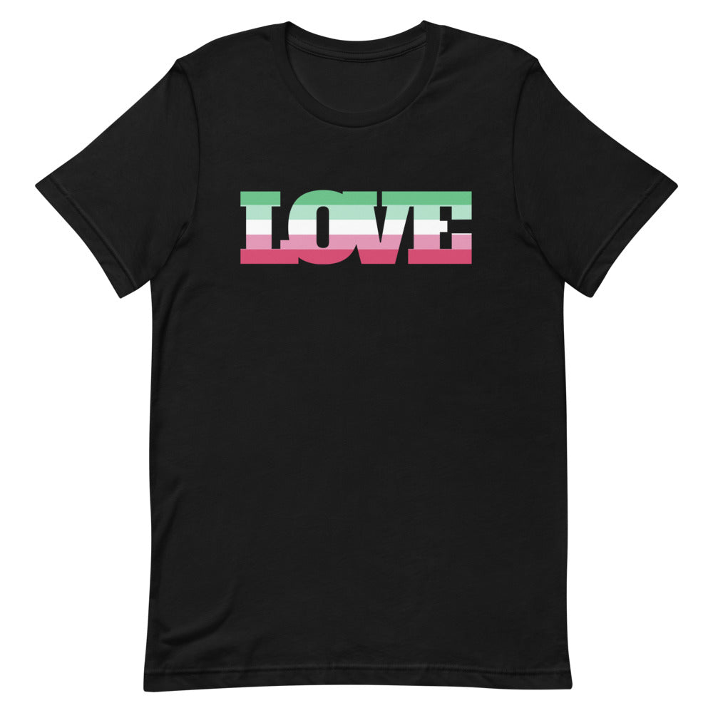 Front view of a black T-shirt with “LOVE” in abrosexual flag colors