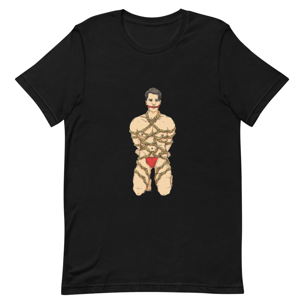 Black T-shirt with a centered illustration of a bound man in red underwear