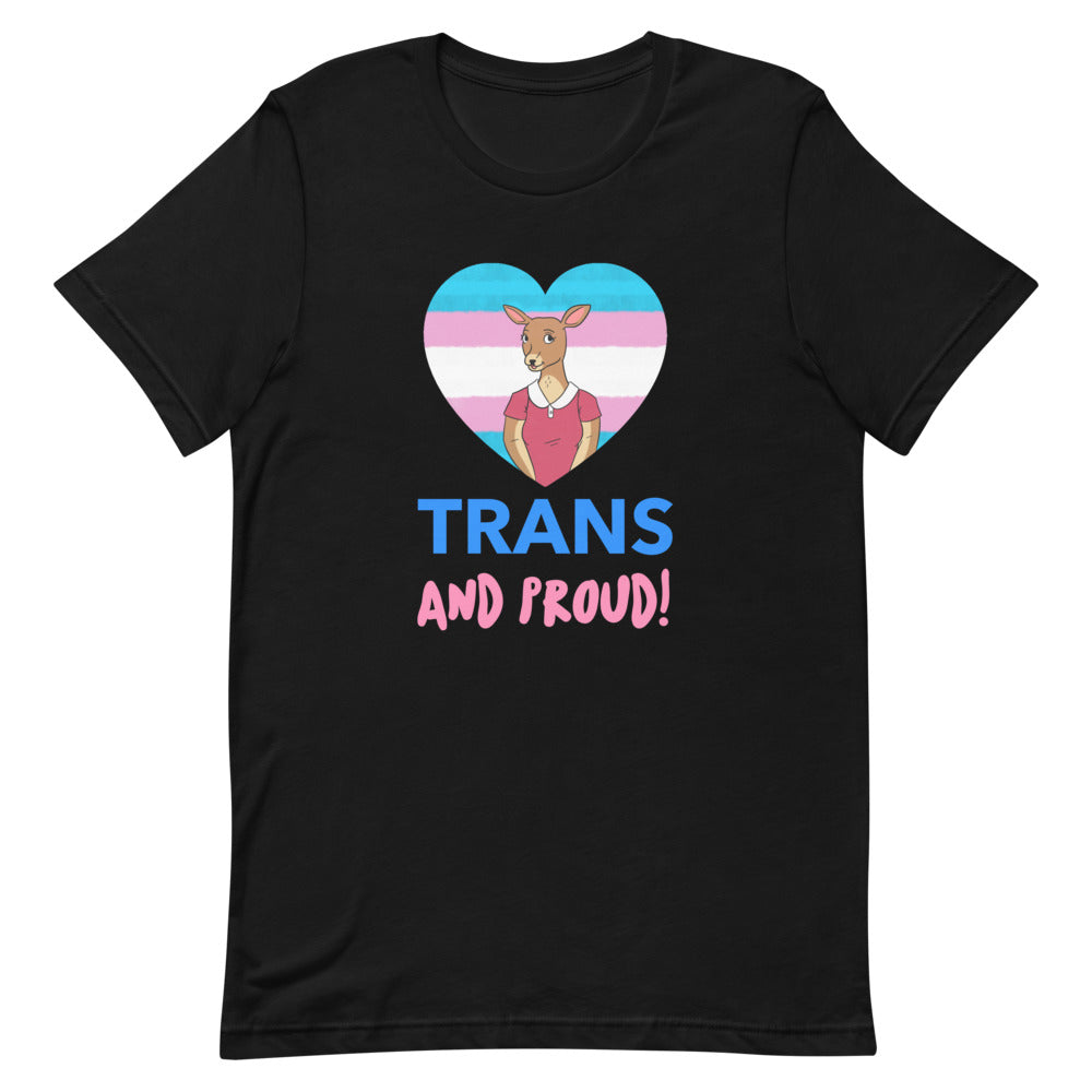 Front view of a black T-shirt reading “TRANS AND PROUD!” with a kangaroo in a trans-flag heart