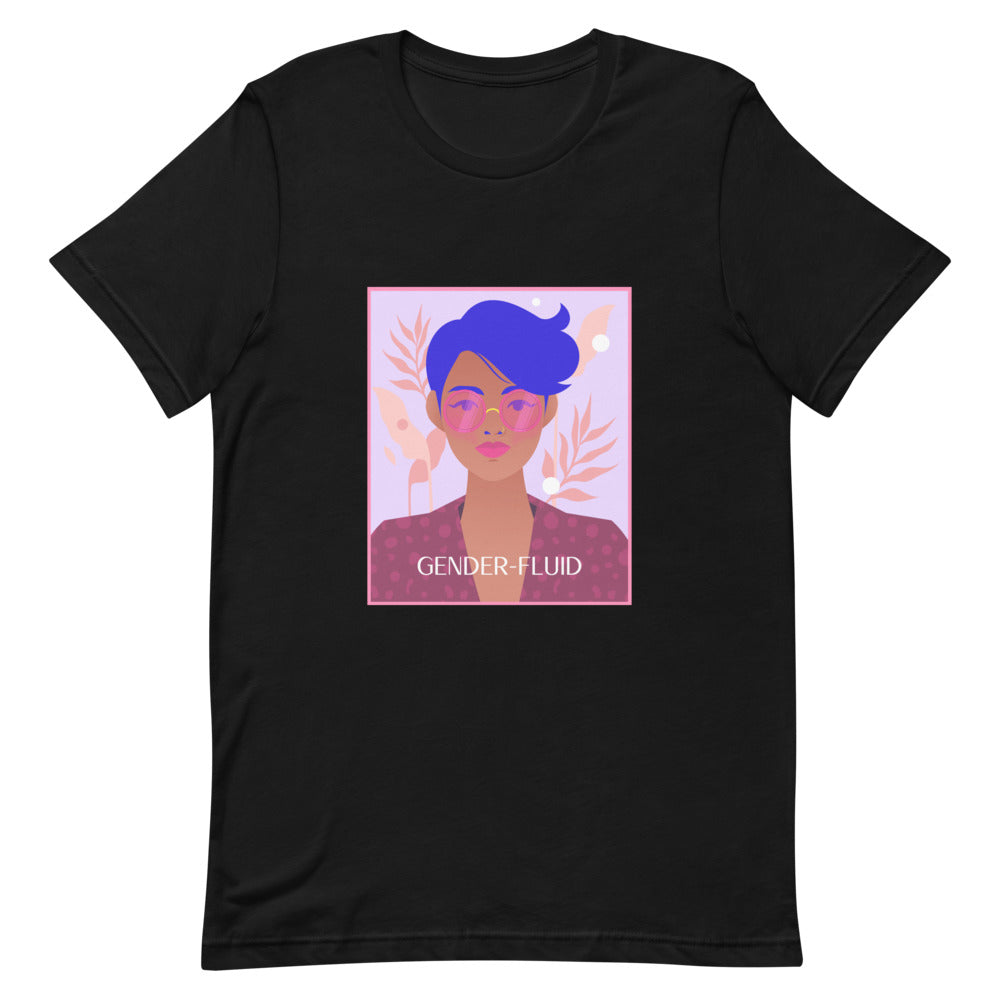 Front view of a black T-shirt with a colorful portrait and “GENDER-FLUID” text