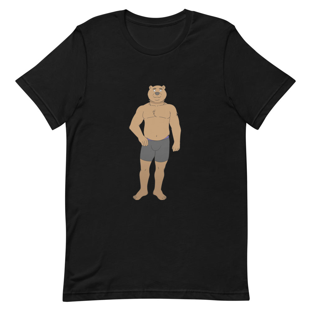 Front view of a black T-shirt with a cartoon bear cub in gray briefs