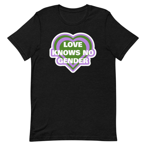 Black Heather Love Knows No Gender Genderqueer T-Shirt by Queer In The World Originals sold by Queer In The World: The Shop - LGBT Merch Fashion