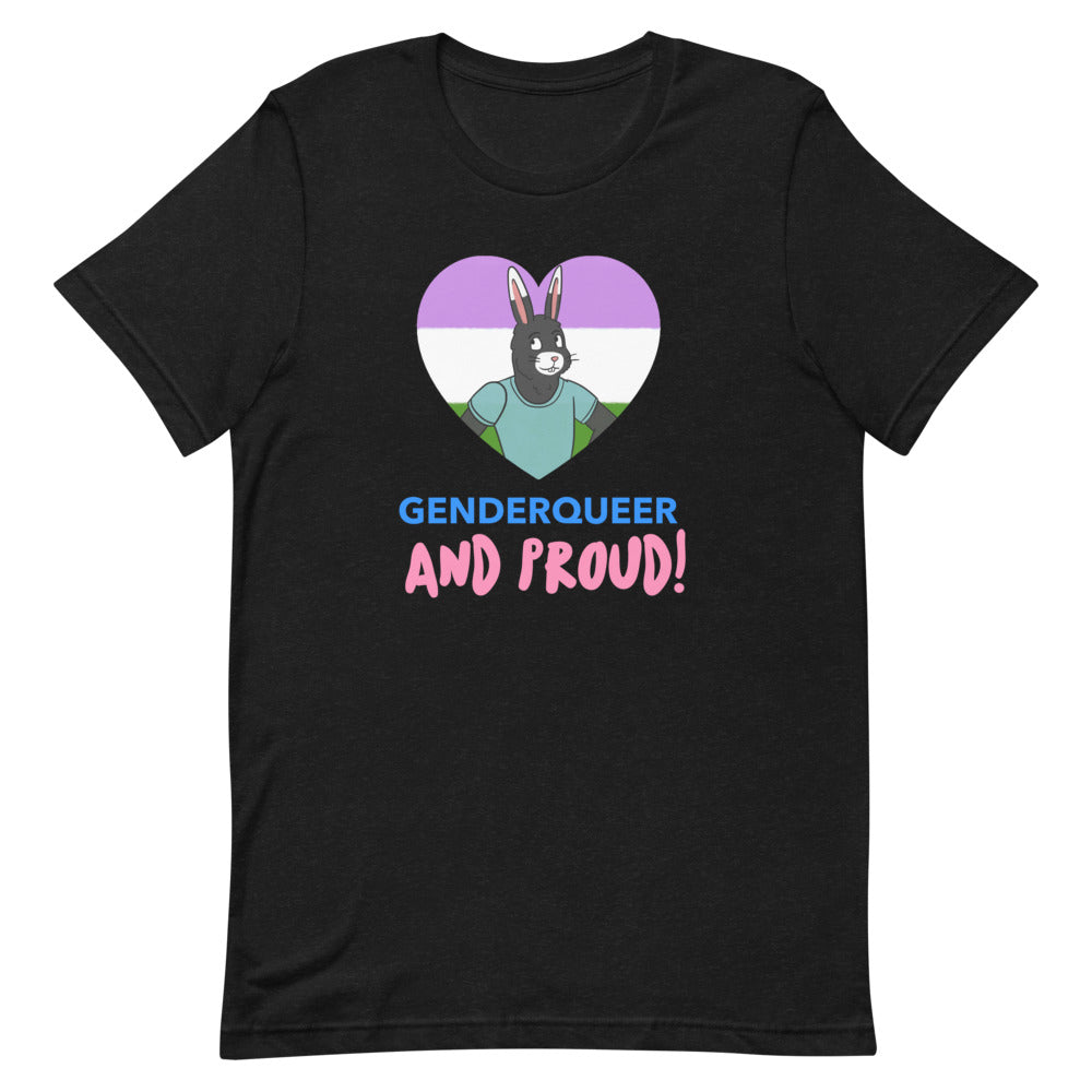 Front view of a black T-shirt reading “GENDERQUEER AND PROUD!” with a rabbit in a pride-colored heart