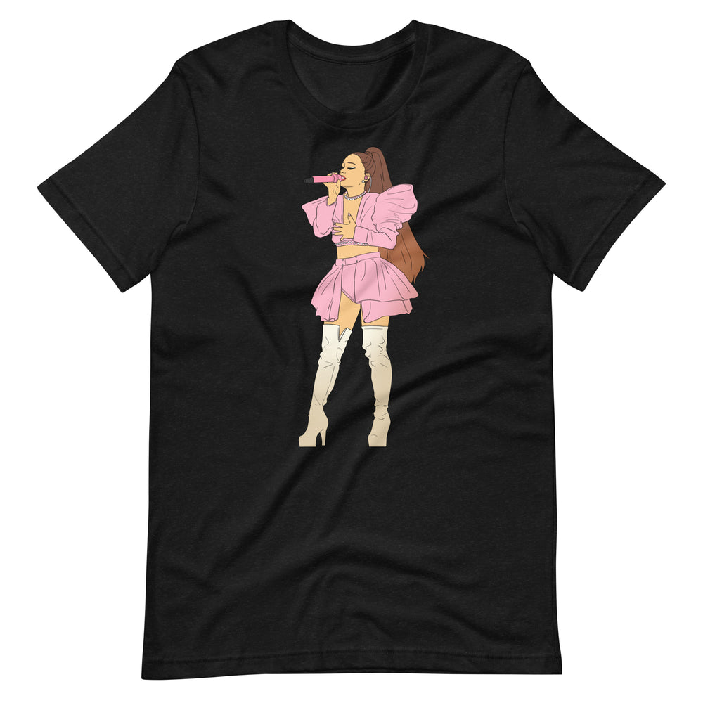 Front view of a black T-shirt with an illustrated singer in a pink outfit holding a microphone