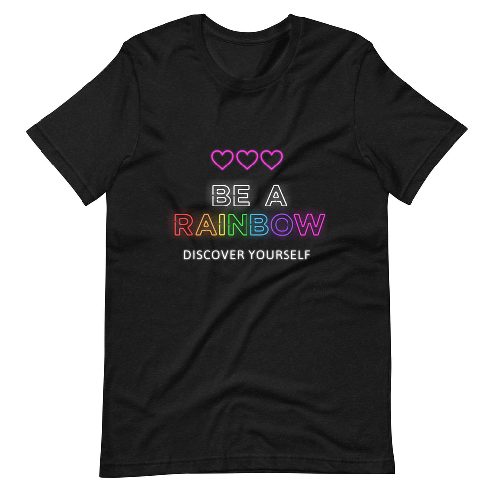 Front view of a black T-shirt with three hearts and rainbow lettering reading “BE A RAINBOW” and “DISCOVER YOURSELF.”