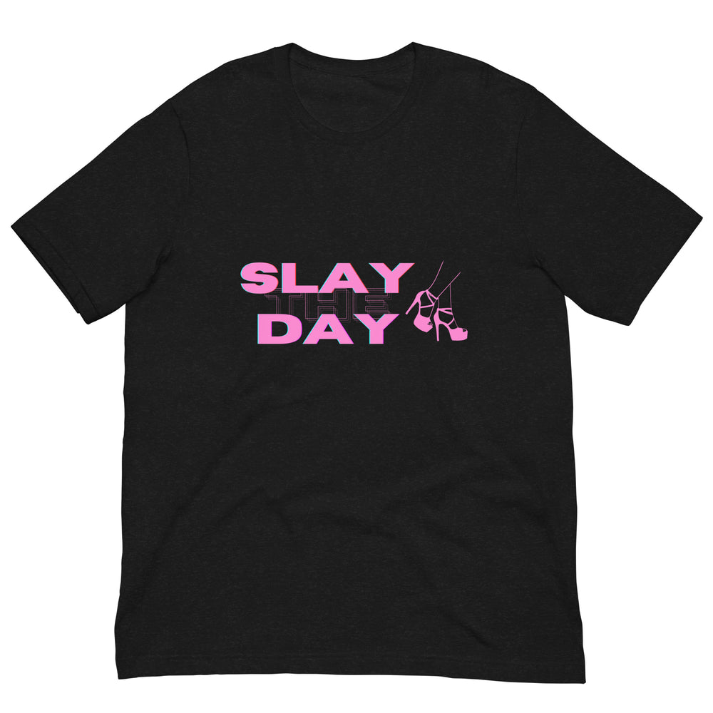 Front view of a black T-shirt with pink “SLAY THE DAY” text and high-heel graphics