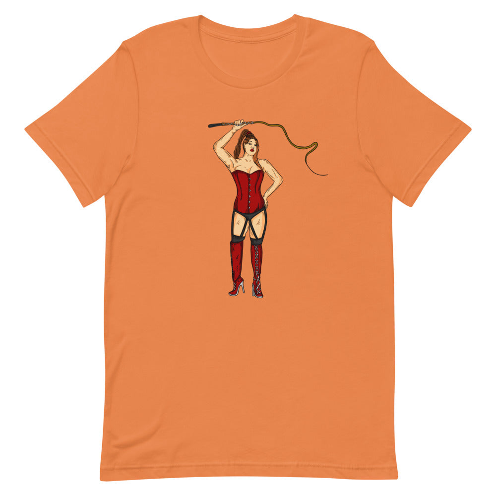 gays de lingerie: Dominatrix T-Shirt: soft cotton LGBT tee, long-haired person, graphic of person in red lingerie, whip