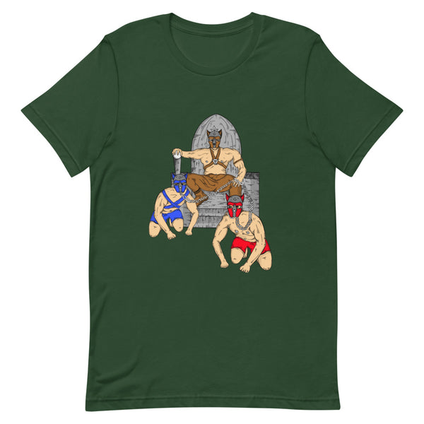 Front view of a forest-green T-shirt with an illustrated pup-play scene