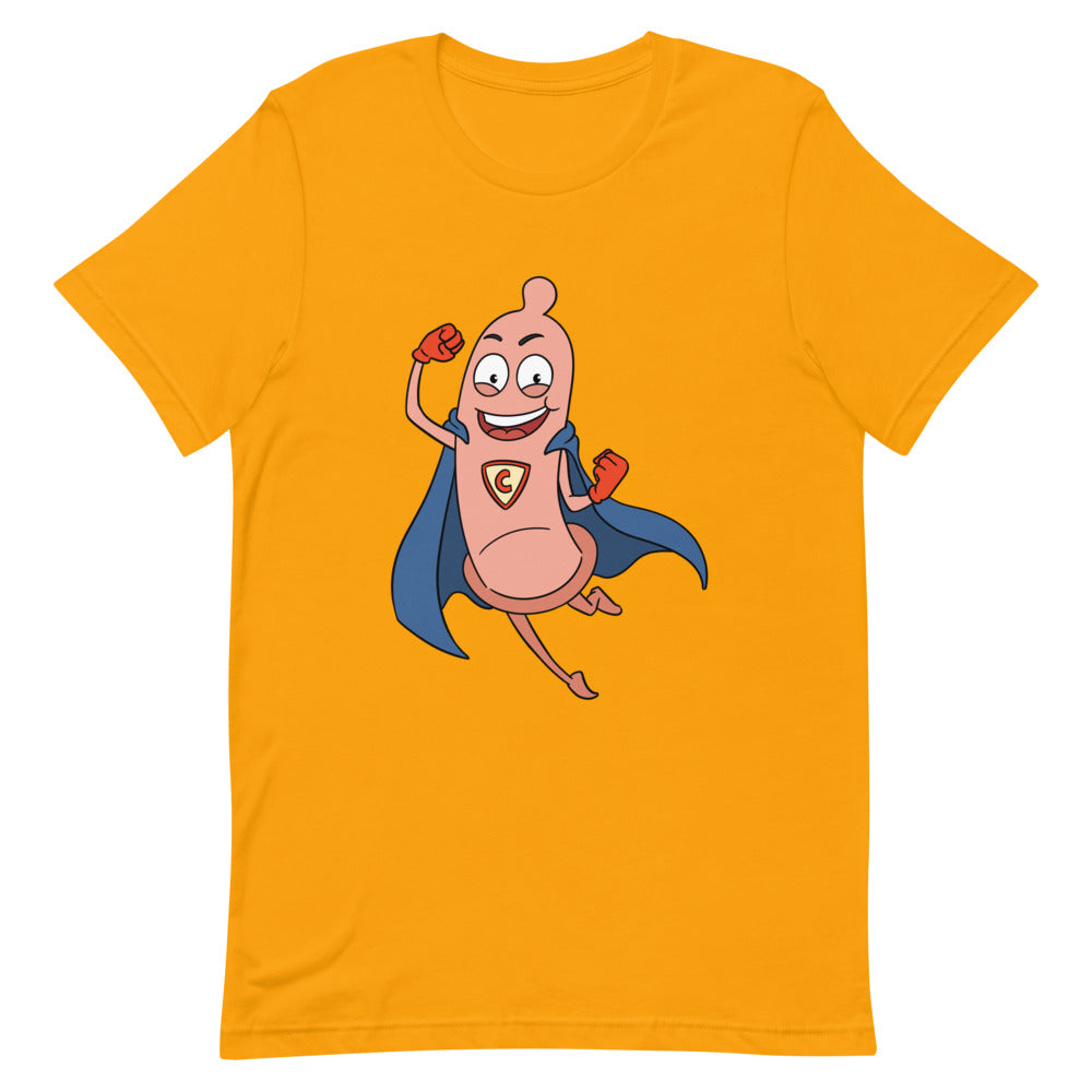 Orange T-shirt featuring a smiling cartoon condom superhero with a shield emblem and cape