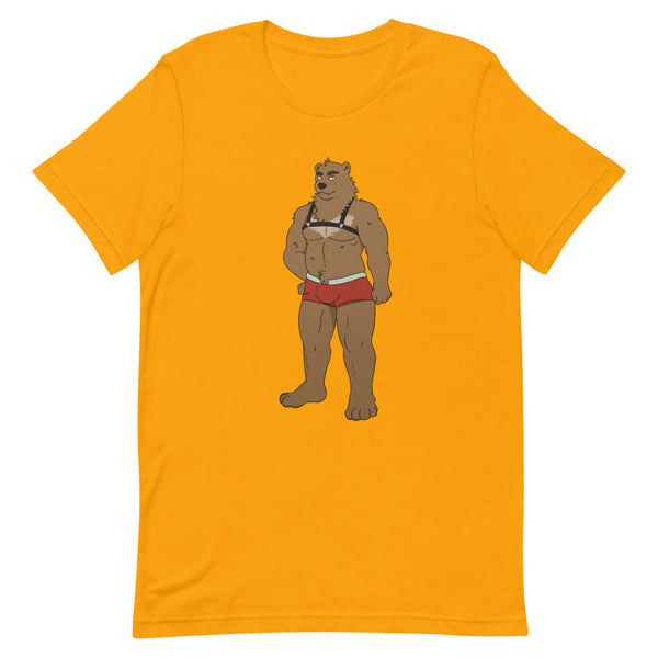Flat-lay orange T-shirt with a cartoon bear in a harness and red briefs