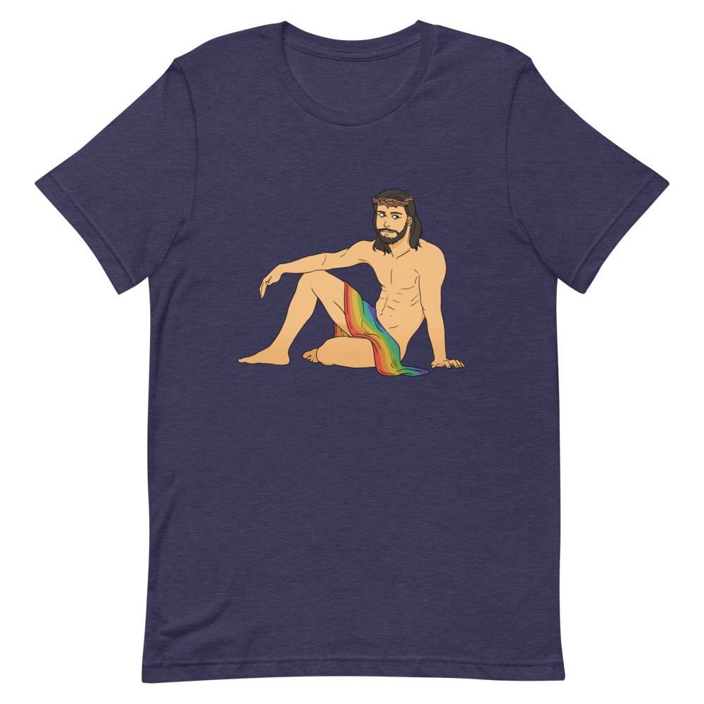 sexy twinks: Sexy Gay Jesus T-shirt with a queer illustrated figure and rainbow motif