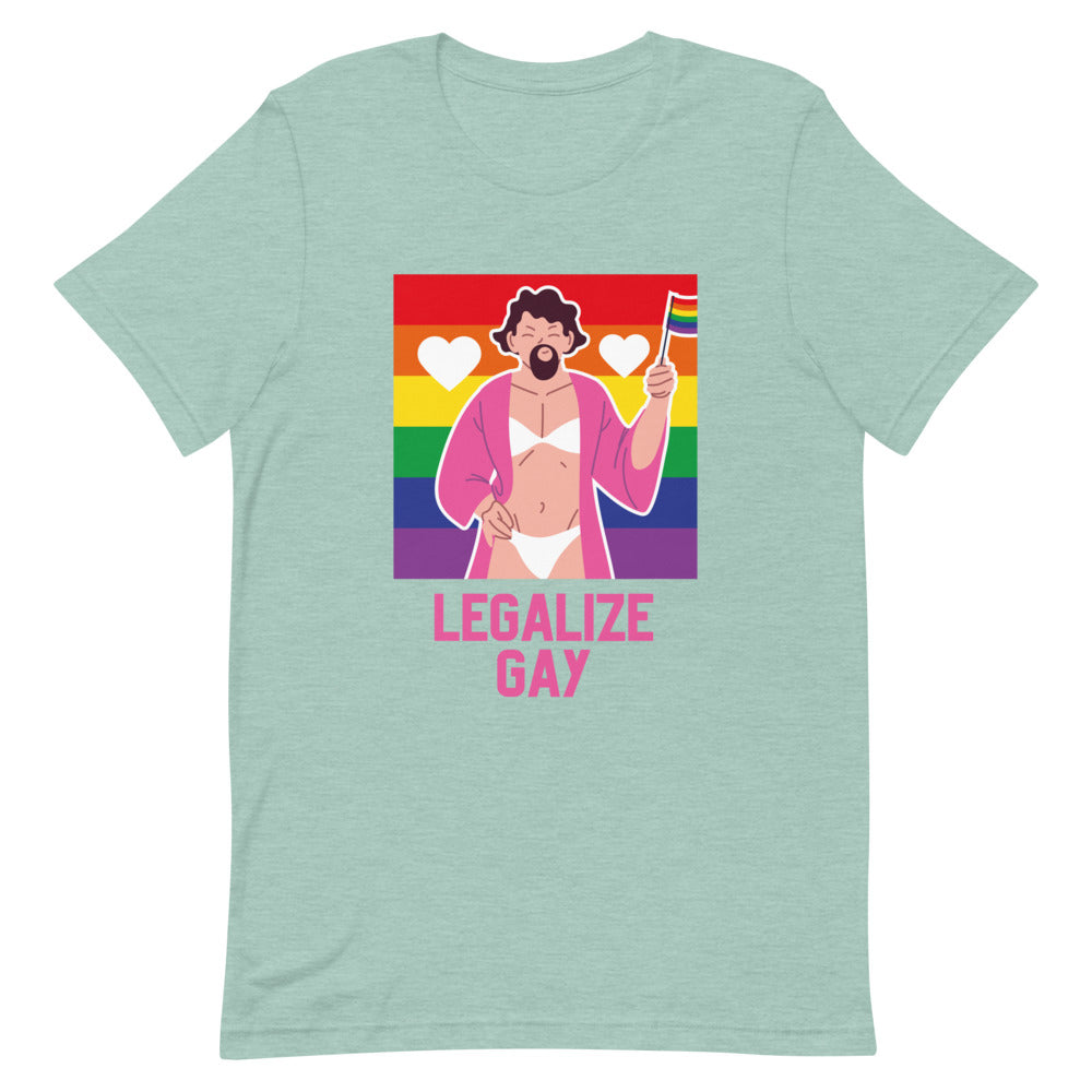 Legalize Gay T-shirt with a bold, colorful cartoon and “LEGALIZE GAY” text, worn by queer women holding hands in a cloudy park.
