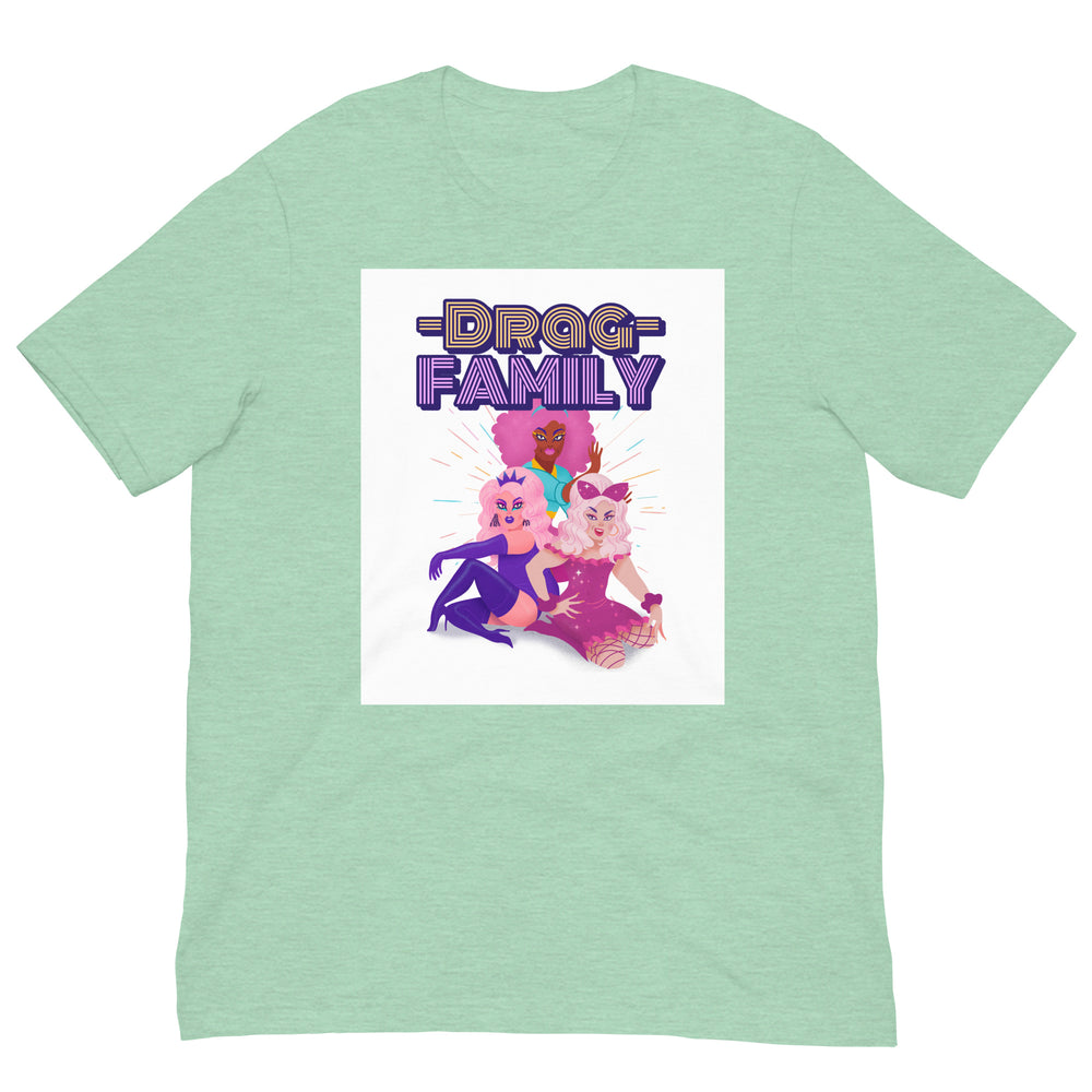 Mint T-shirt with “DRAG FAMILY” lettering above three illustrated drag performers