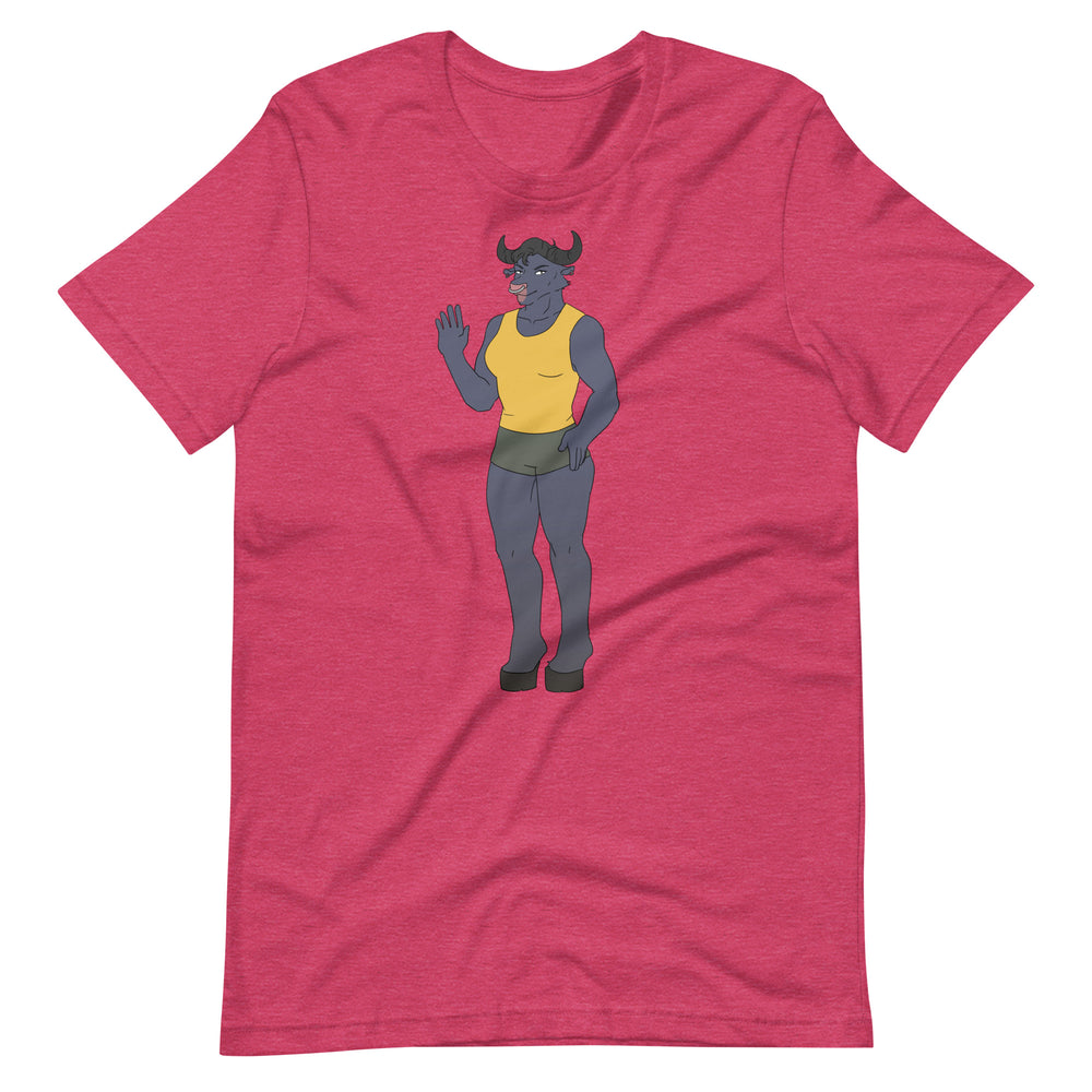 Flat-lay raspberry T-shirt with a central cartoon bull character in a yellow tank top