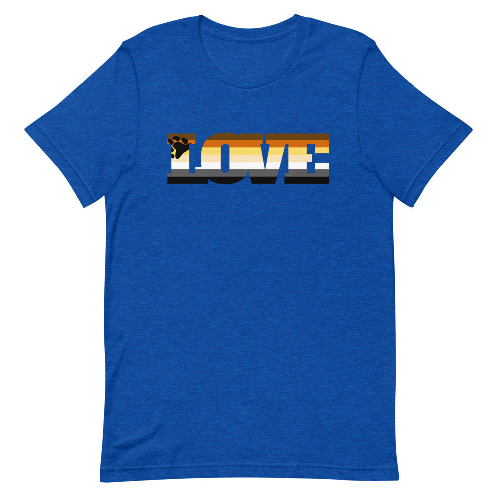 Flat-lay royal-blue T-shirt with a bear graphic and the word “LOVE” in bear-pride stripes
