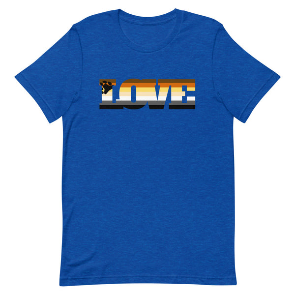 Flat-lay royal-blue T-shirt with a bear graphic and the word “LOVE” in bear-pride stripes