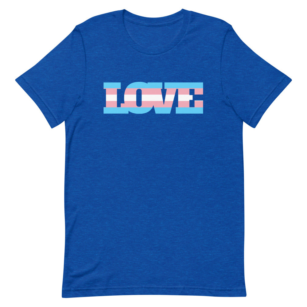 Front view of a heather blue T-shirt with “LOVE” in transgender flag colors