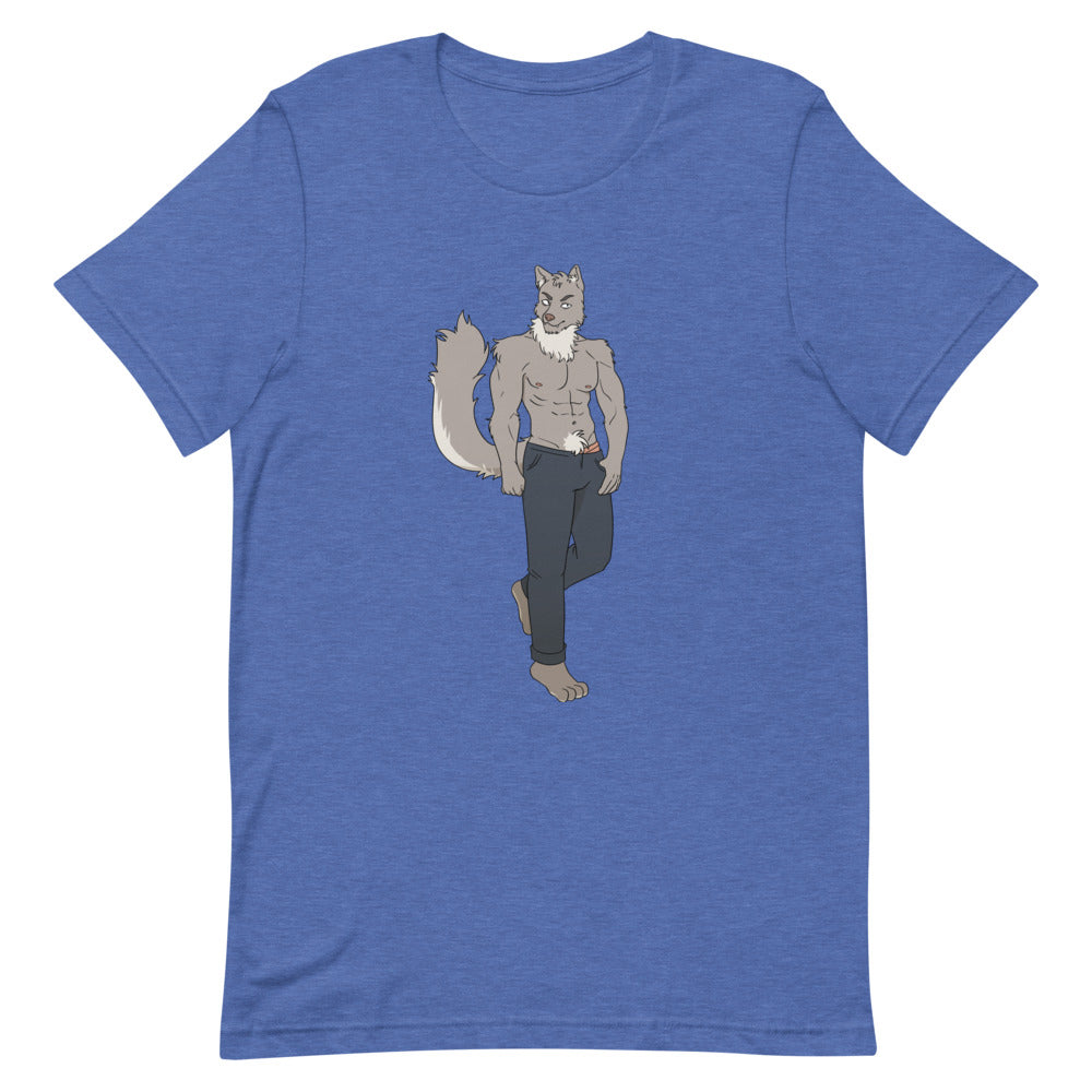 Gay Wolf T-Shirt featuring a bold cartoon of a buff wolf in jeans, worn by a young man; moody lighting spotlights the queer design.