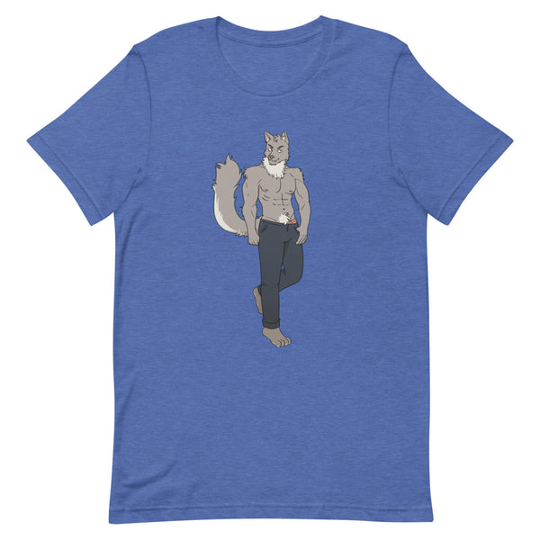 Gay Wolf T-Shirt featuring a bold cartoon of a buff wolf in jeans, worn by a young man; moody lighting spotlights the queer design.