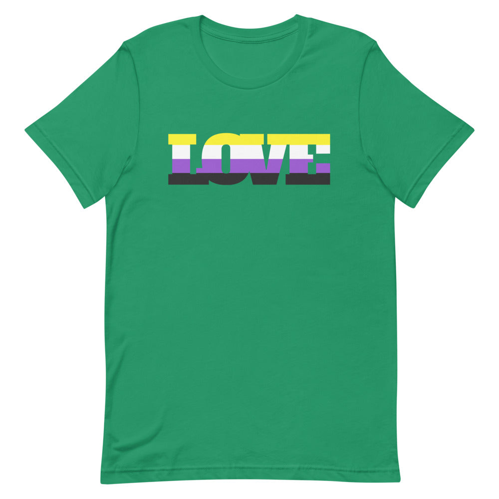 non binary t shirt: Non-Binary Love T-Shirt: green unisex tee with "LOVE" in bold yellow, white, purple, and black stripes