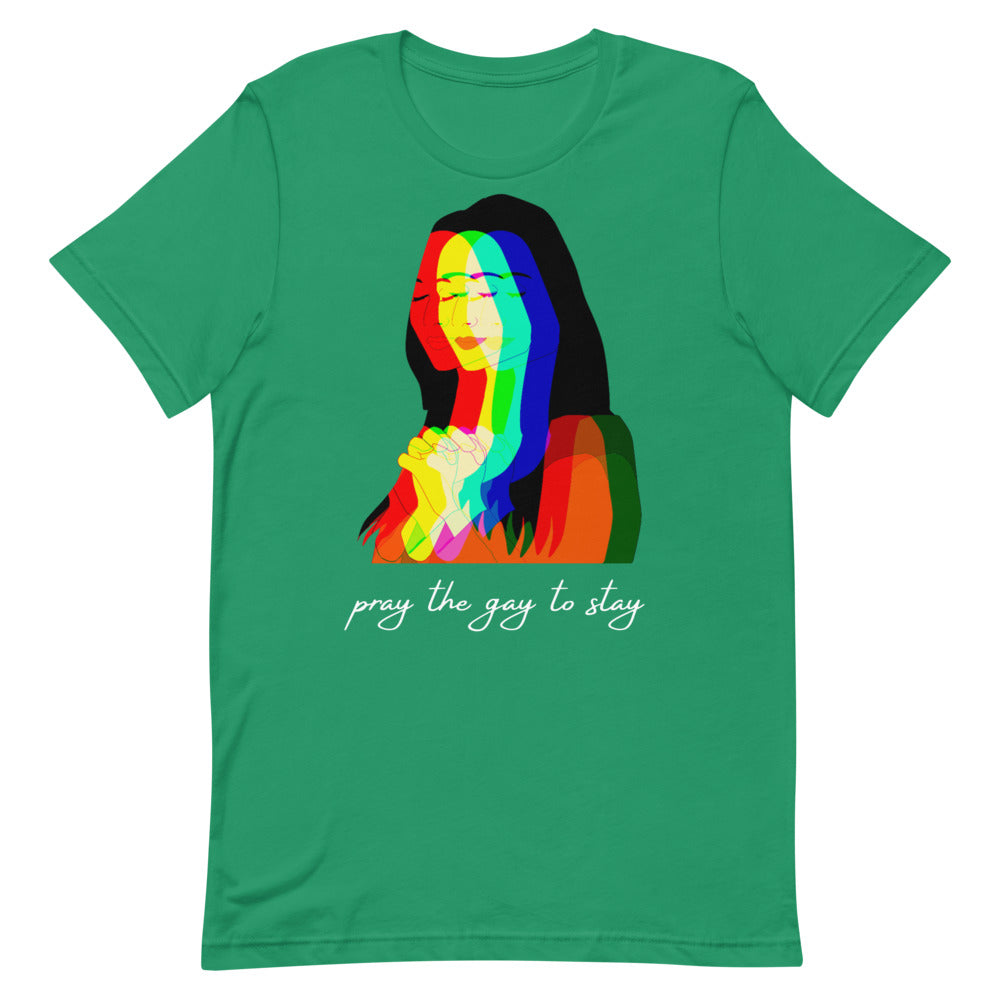 Front view of a green T-shirt with a rainbow double-exposure praying figure and “pray the gay to stay” text