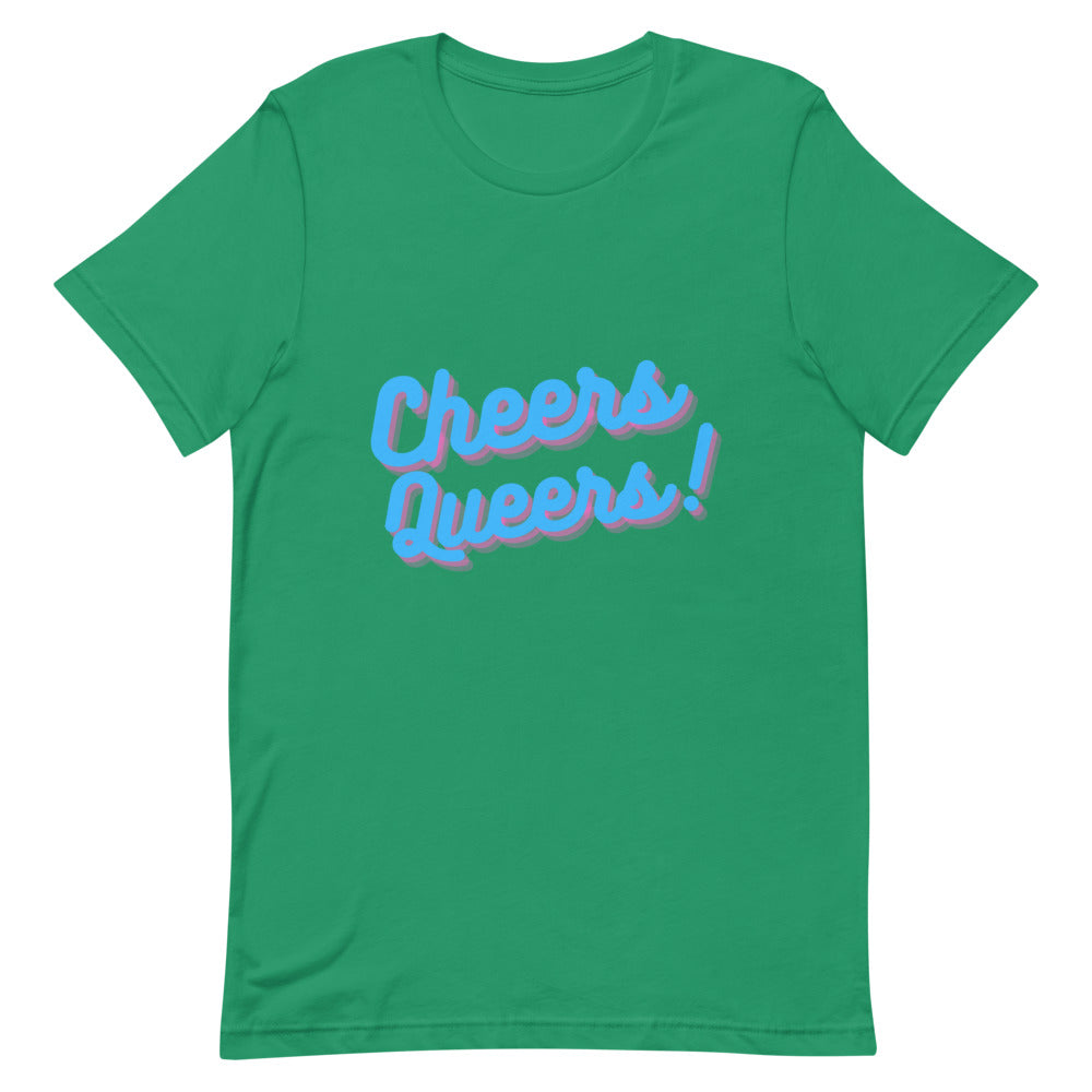 Front view of a green T-shirt reading “Cheers Queers!” in blue and pink lettering