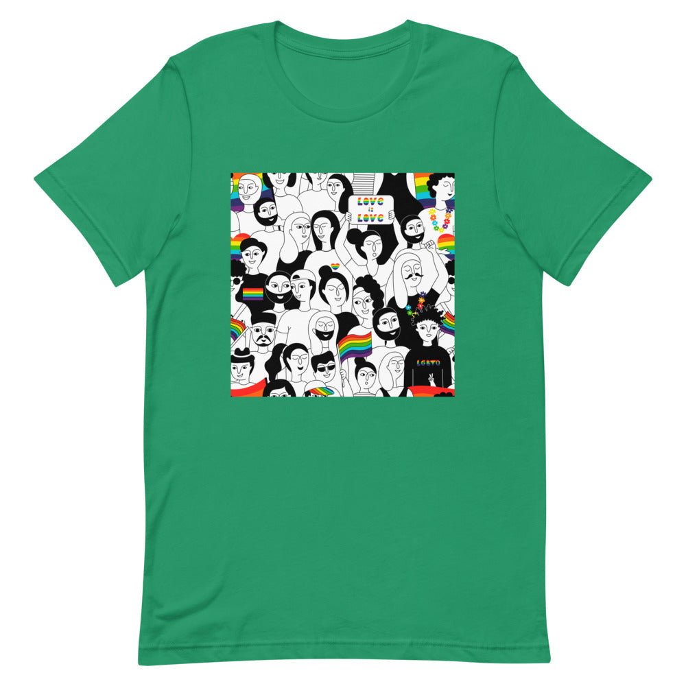 outfits de gays: LGBT Pride T-shirt, soft cotton, features rainbow-hued cartoon folks, pride flags, neon accents