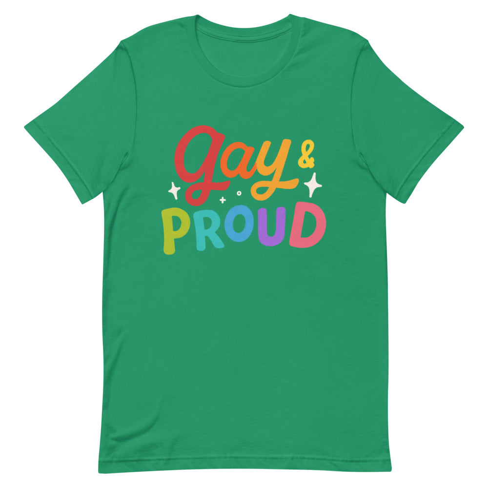 Front view of a green T-shirt with colorful “Gay & Proud” lettering and star accents
