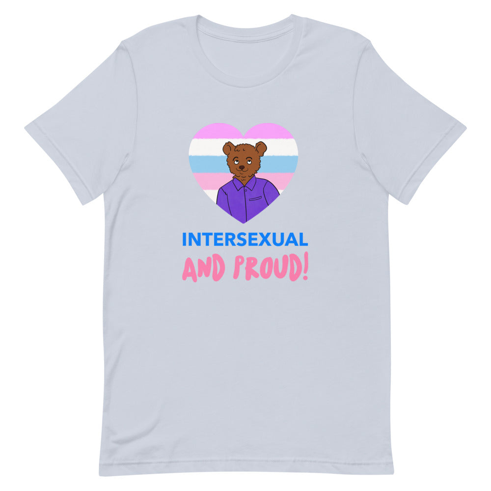 Light blue T-shirt with a bear in a striped heart and “INTERSEXUAL AND PROUD!” text
