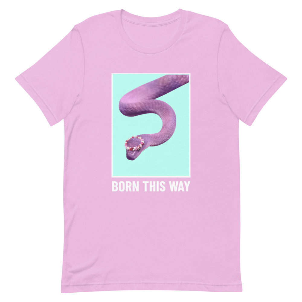 Pink T-shirt with a purple snake graphic and “BORN THIS WAY” text