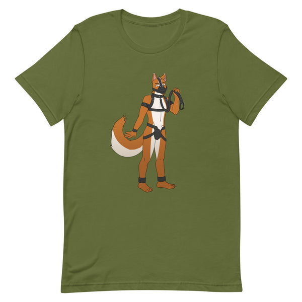 Gay Pup T-Shirt in soft cotton, neon club lights reflecting as someone queer beams, arms open, rocking a cartoon pup for Pride.
