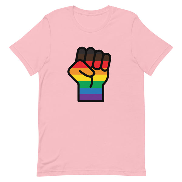 Front view of a pink T-shirt with a raised fist in rainbow Pride colors