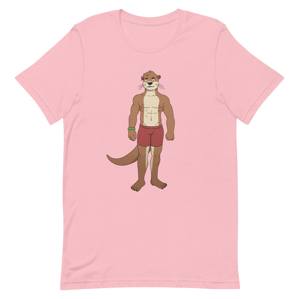 Front view of a pink T-shirt with a shirtless anthropomorphic otter in red shorts