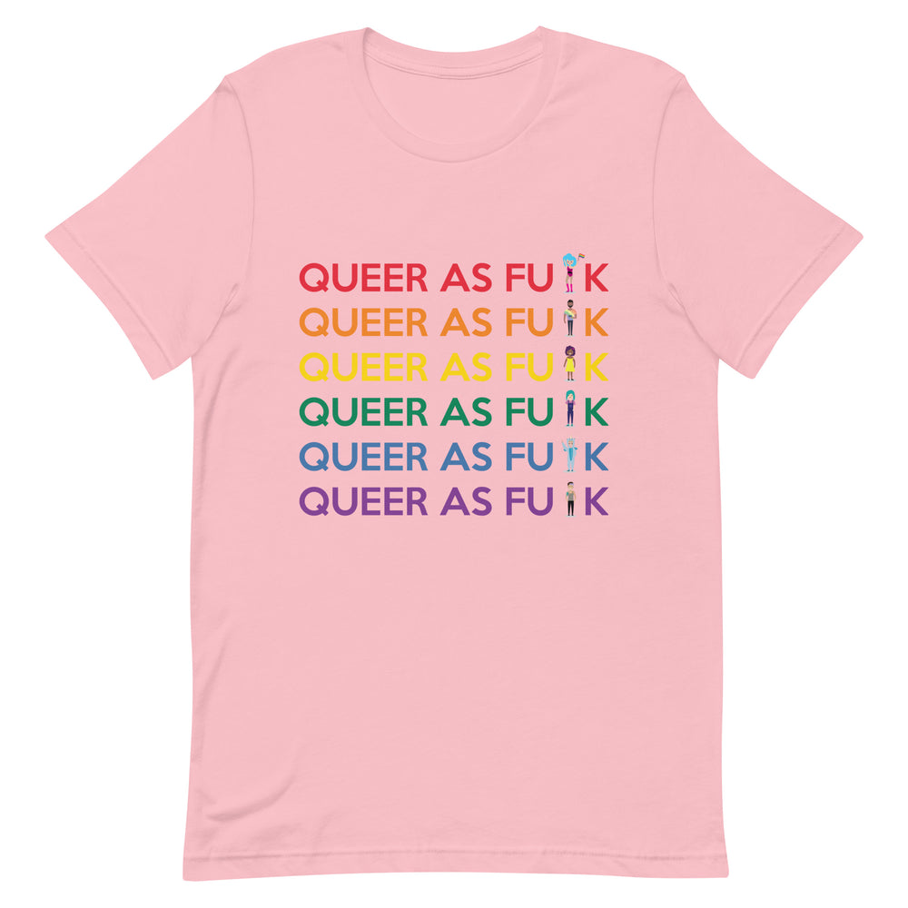 Front view of a pink T-shirt repeating “QUEER AS FU K” in rainbow colors with small figures