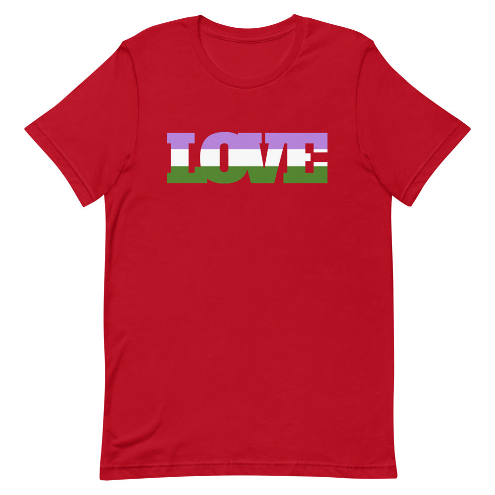Red crew-neck T-shirt with the word “LOVE” in genderqueer flag colors