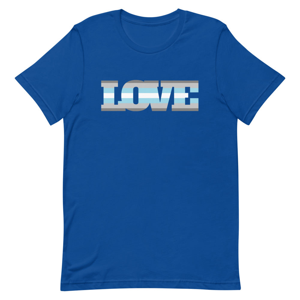 demi boy outfits: Demiboy Love T-Shirt with bold white "LOVE" text, worn by a person