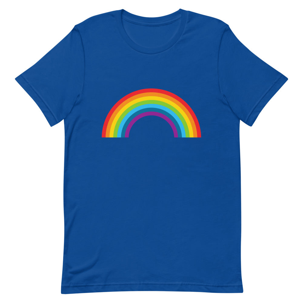 Front view of a royal blue T-shirt with a multicolored rainbow arch on the chest