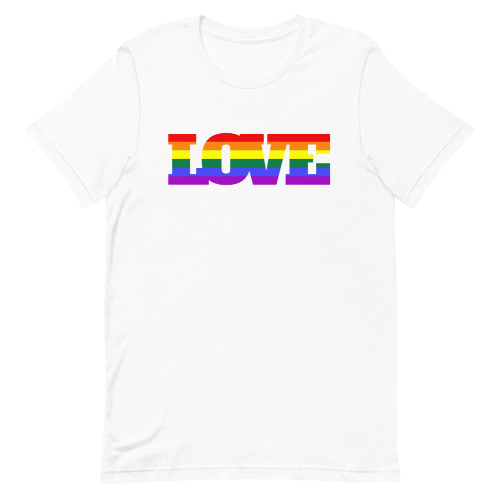 blacks love twinks: Gay Love T-Shirt, white cotton with "LOVE" in rainbow pride colors
