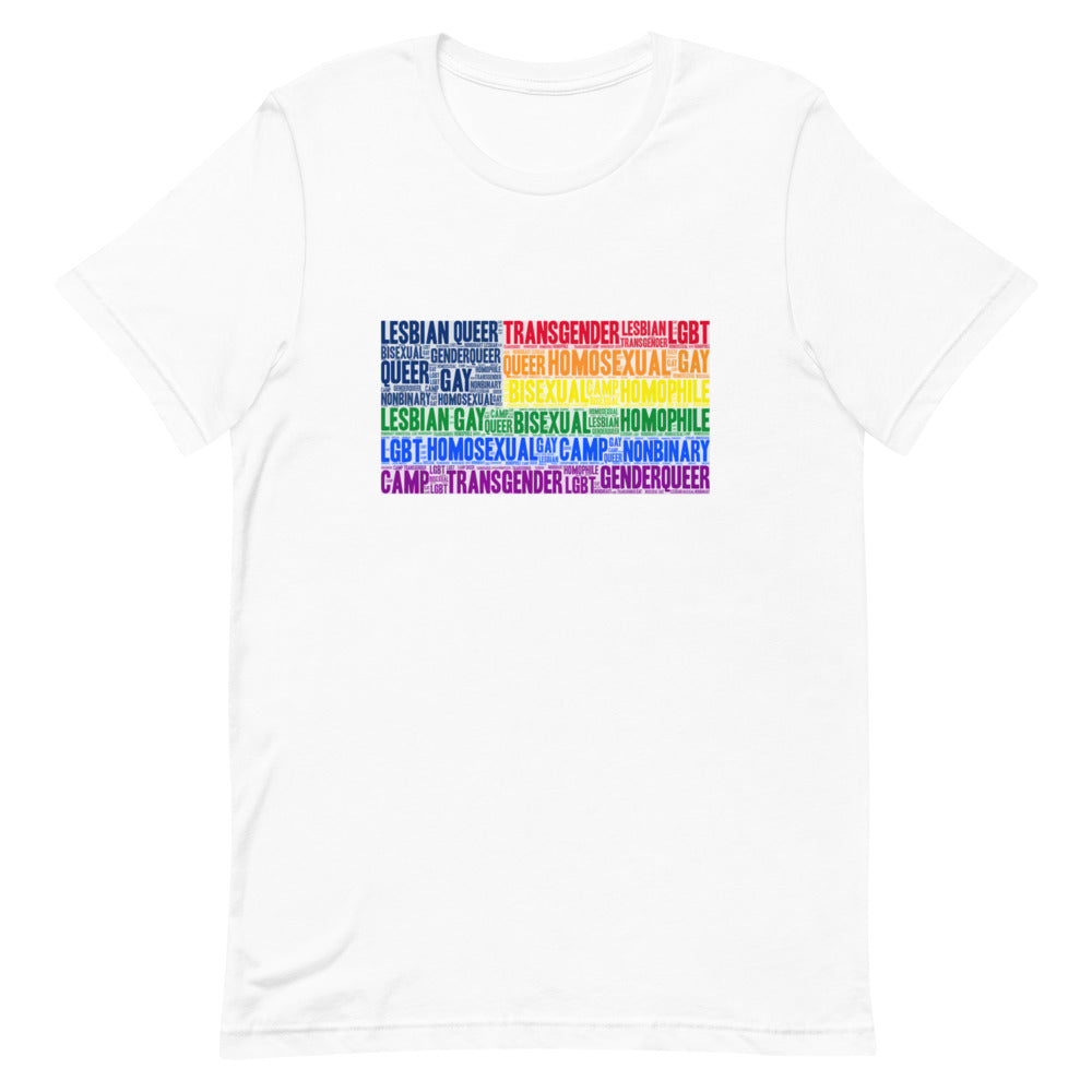 Gay USA T-shirt in rainbow colors on a queer woman smiling at her partner, who rocks a denim jacket; city street scene behind them.
