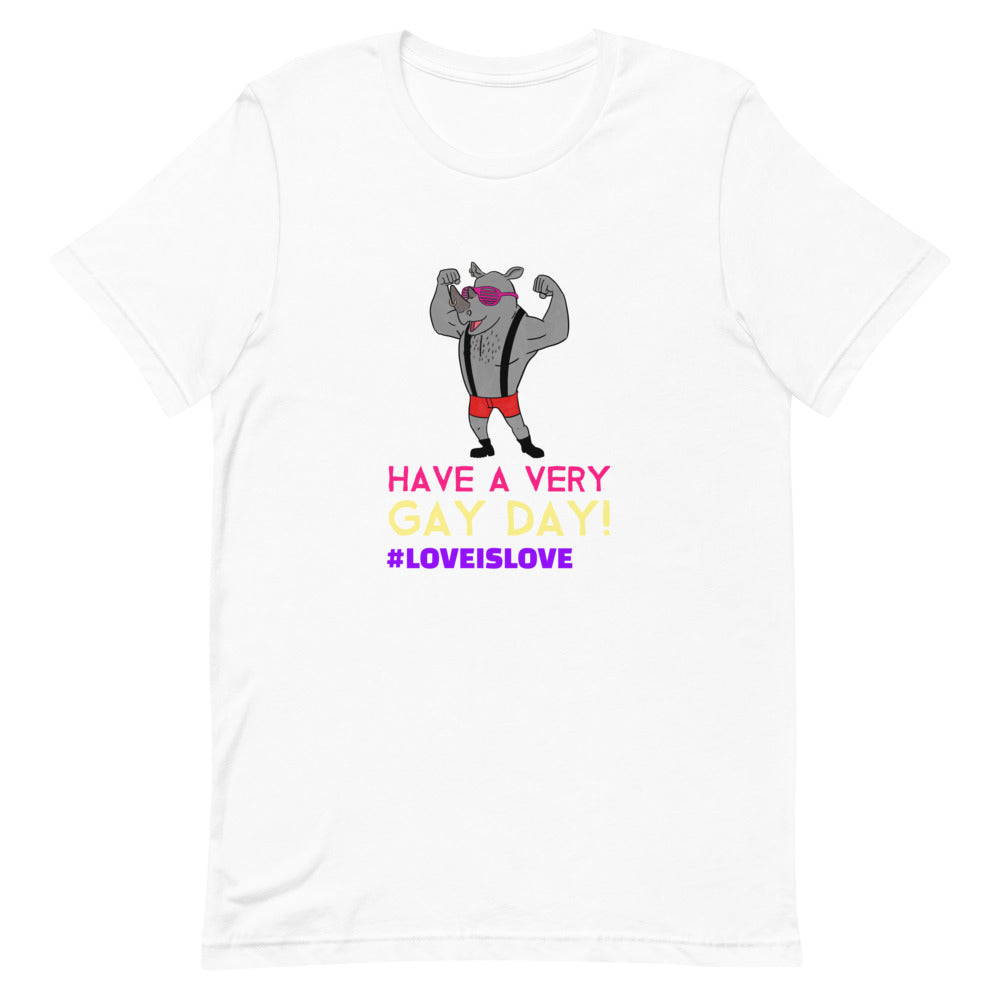 Front view of a white T-shirt with a flexing gray animal and “HAVE A VERY GAY DAY!”