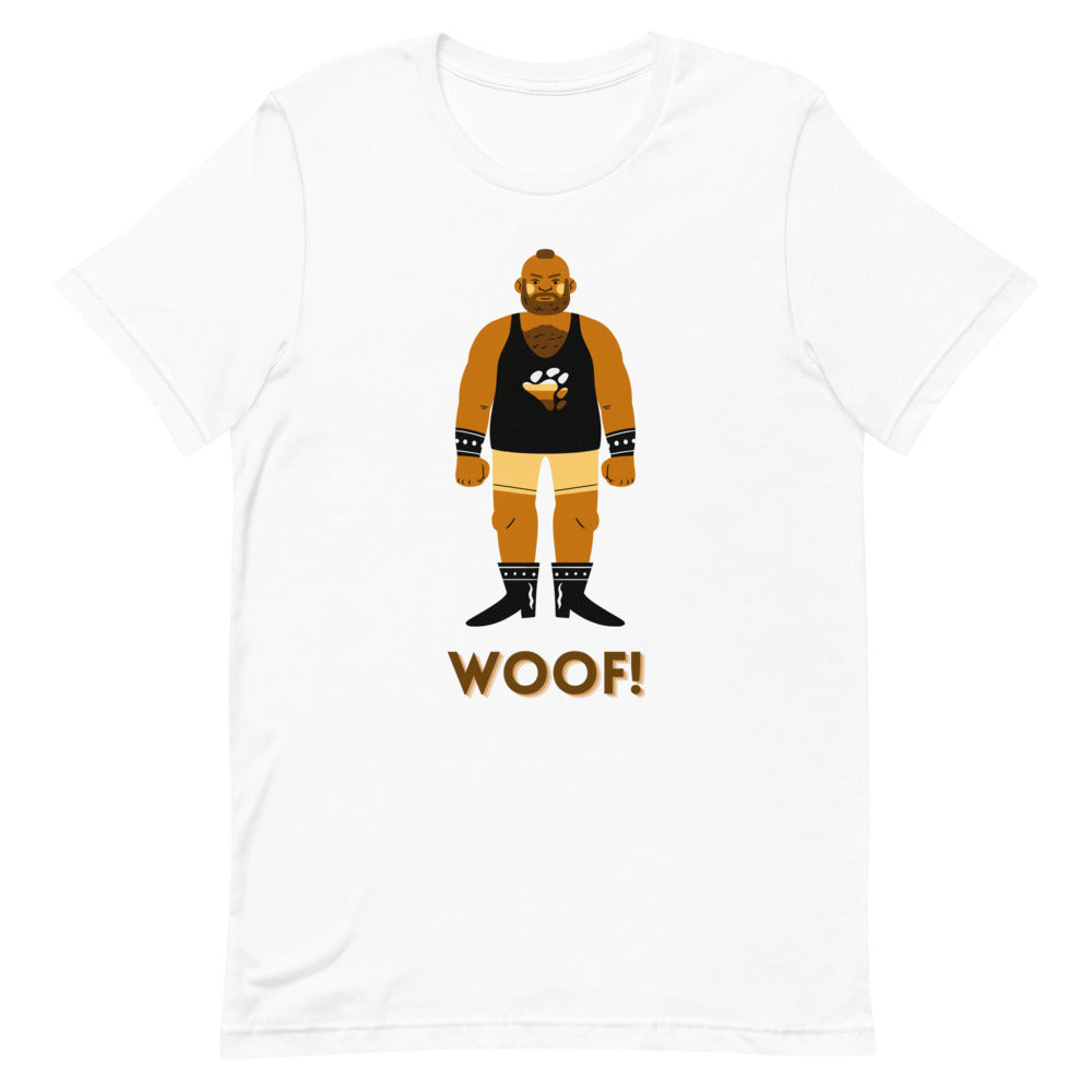 White T-shirt with a bearded bear character in leather gear and “WOOF!” text