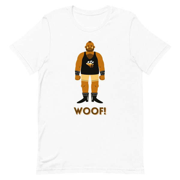 White T-shirt with a bearded bear character in leather gear and “WOOF!” text