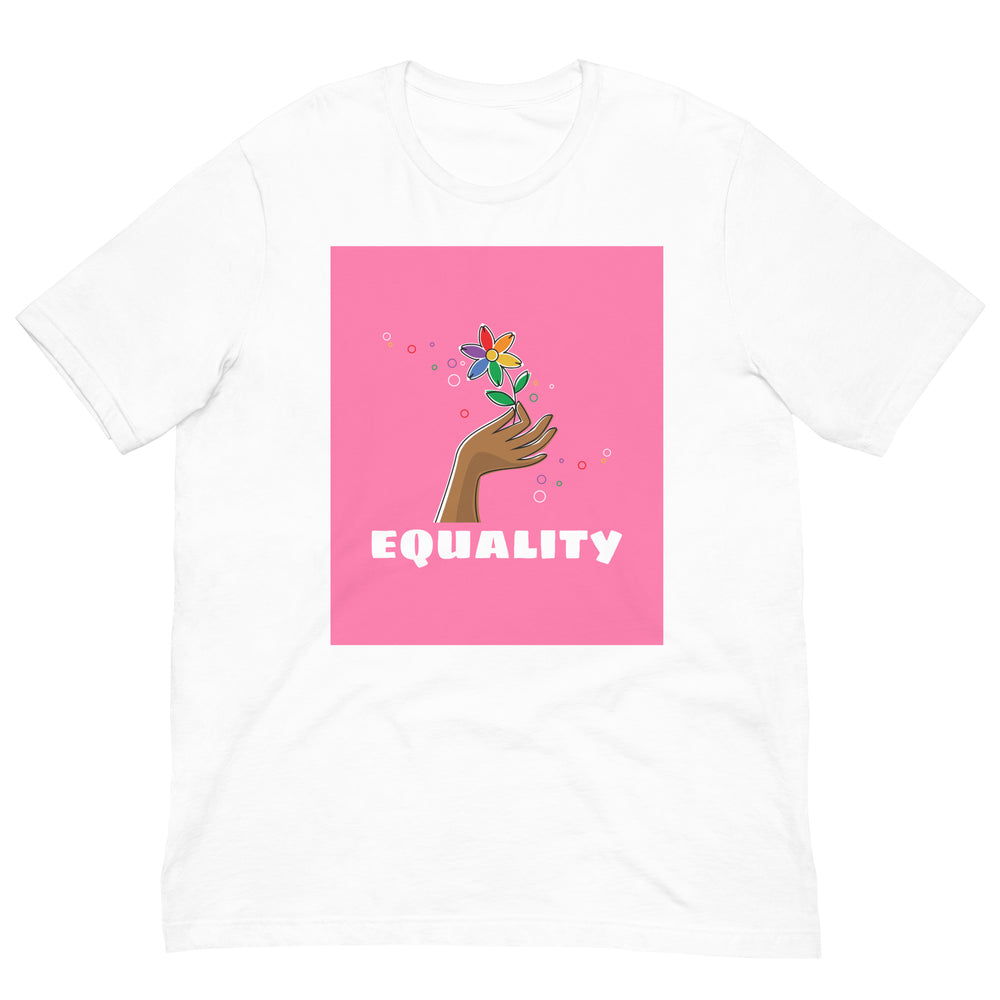 White T-shirt featuring a pink panel with a flower-holding hand and “EQUALITY” text