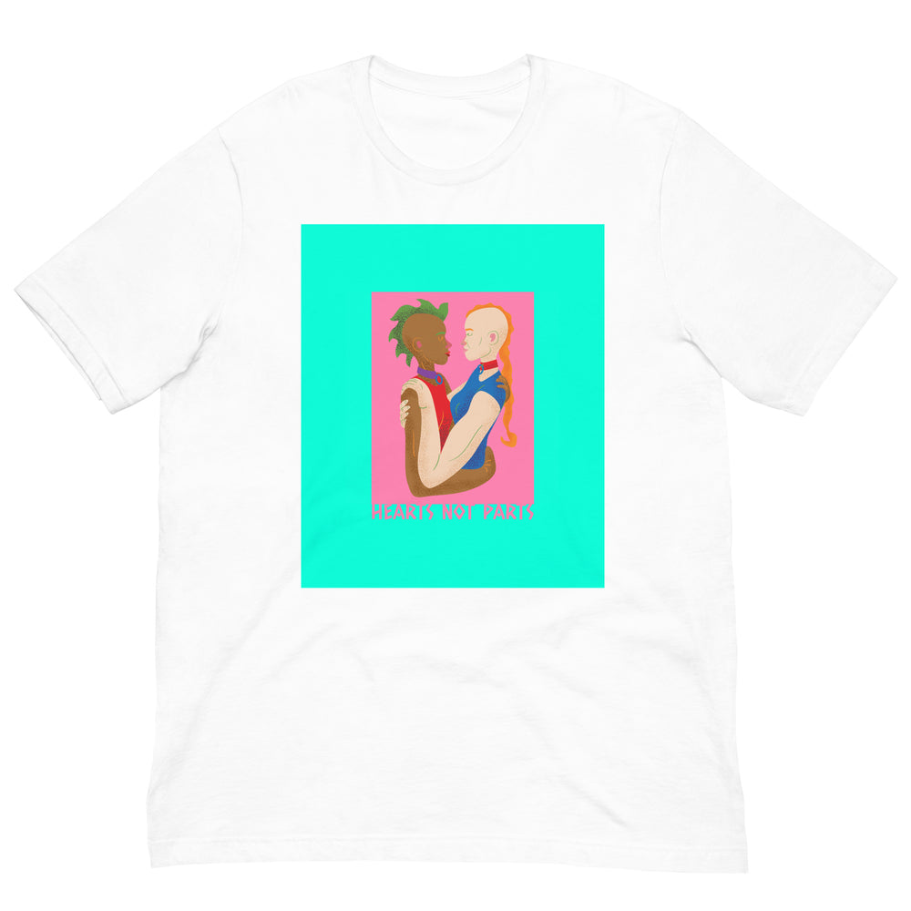 White T-shirt with colorful illustration of two people embracing and “HEARTS NOT PARTS” text