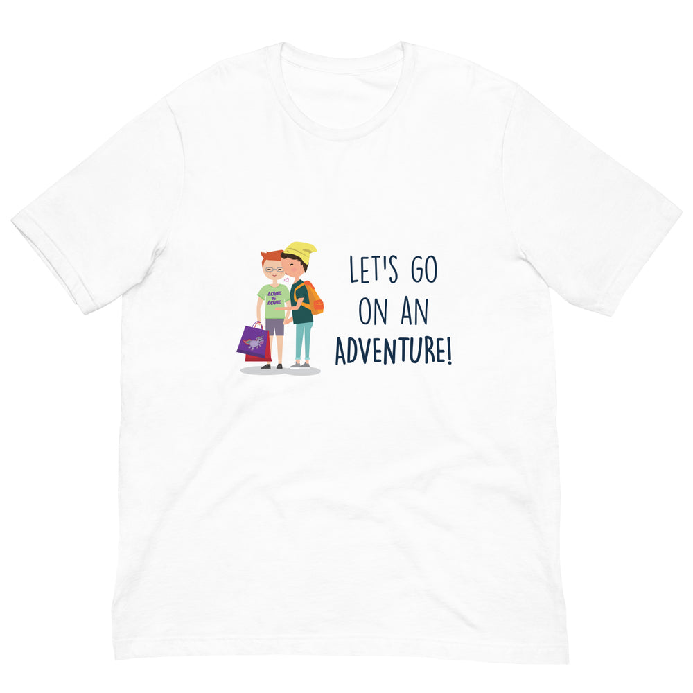 White T-shirt with two illustrated people and “LET’S GO ON AN ADVENTURE!”